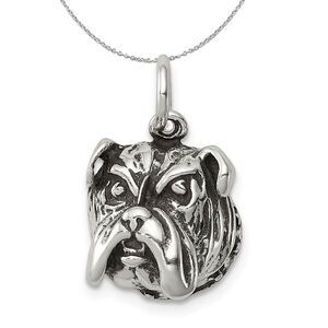 Sterling Silver 12mm Antiqued Bulldog Head Charm or Necklace - 24 Inch